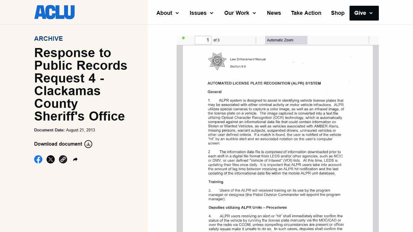Response to Public Records Request 4 - Clackamas County Sheriff's Office American Civil Liberties Union
